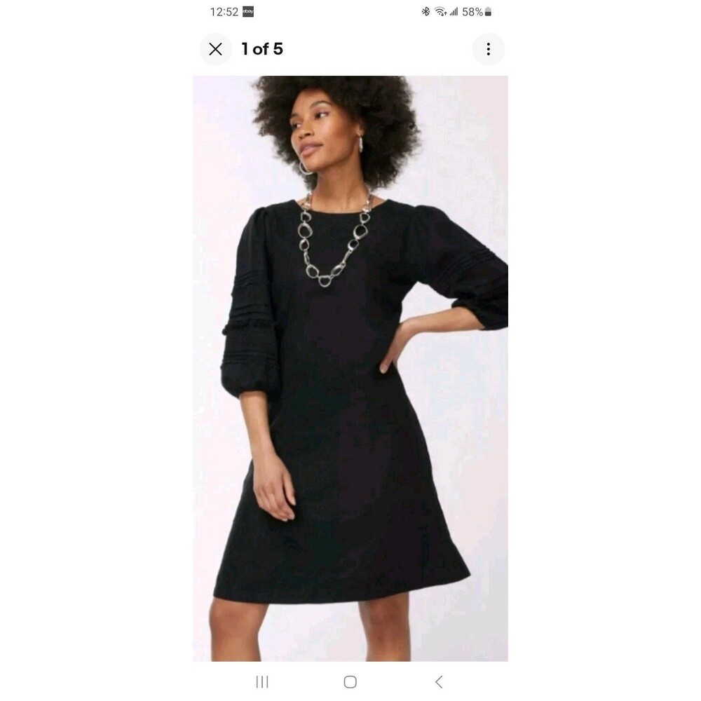 Chico’s black linen shift dress womens 12 pompoms puff sleeve boho minimal LBD